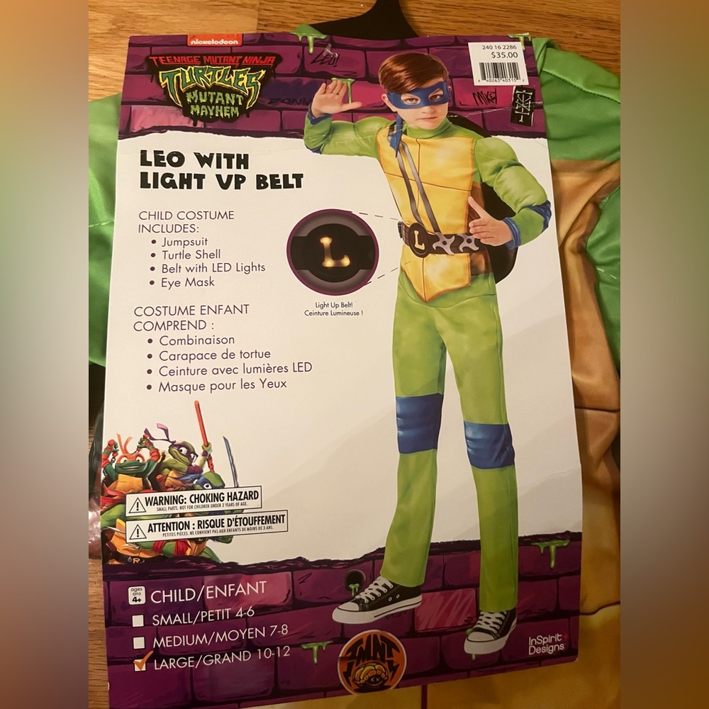 Ninja Turtle Halloween costume with light up belt kids size L 10-12 Leo New